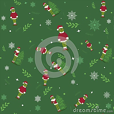 Seamless christmas backgrounds, grinch pattern, holly, christmas elements on a green background. Cartoon child character Editorial Stock Photo